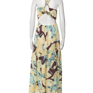 A.L.C. Yellow, Light Blue & Brown Cutout Halter Maxi Dress